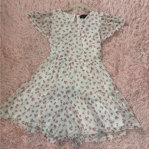 Girls Floral Chiffon Fit-and-Flare Romper - White with Pink Floral Print